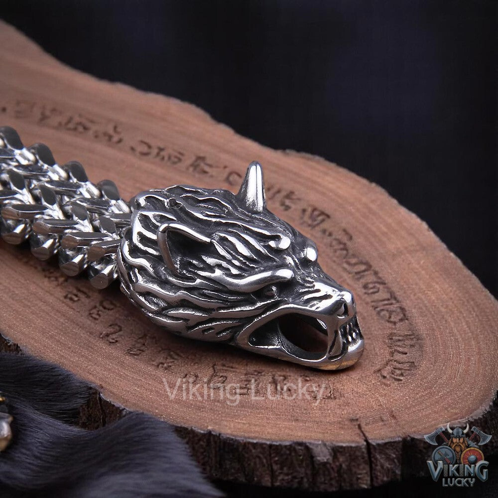 Viking Wolf Head Bracelet Closeup Shot