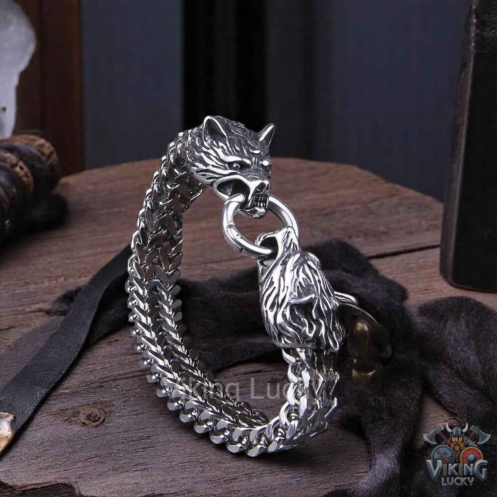 Viking Wolf Head Bracelet Tiled Angle Shot
