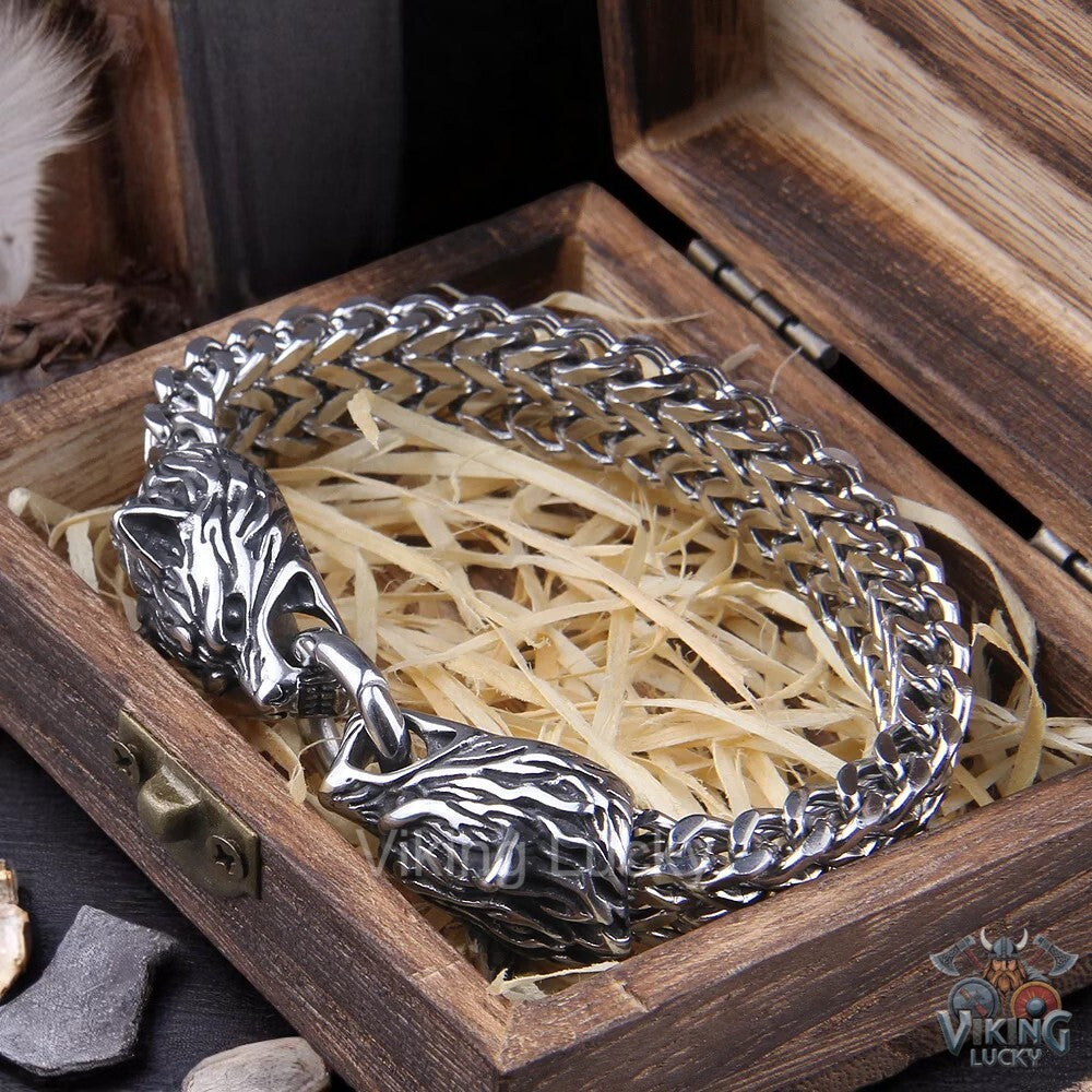Viking Wolf Head Bracelet With Wooden Gift-Box