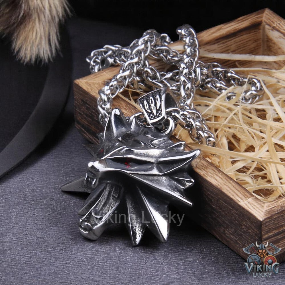 Viking Wolf Head Necklace Stainless Steel Norse Pendant Red eyes