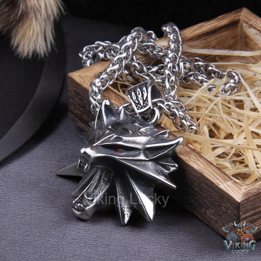 Viking Wolf Head Necklace Stainless Steel Norse Pendant Red eyes