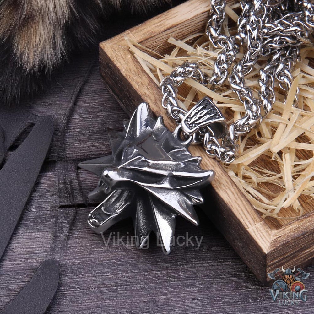 Viking Wolf Head Necklace Stainless Steel Norse Pendant with box
