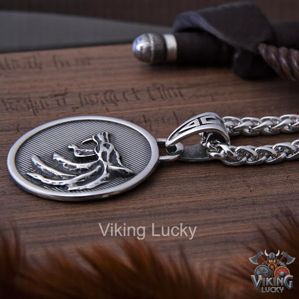 Viking Wolf Pendant Necklace in classic silver tile angle shot