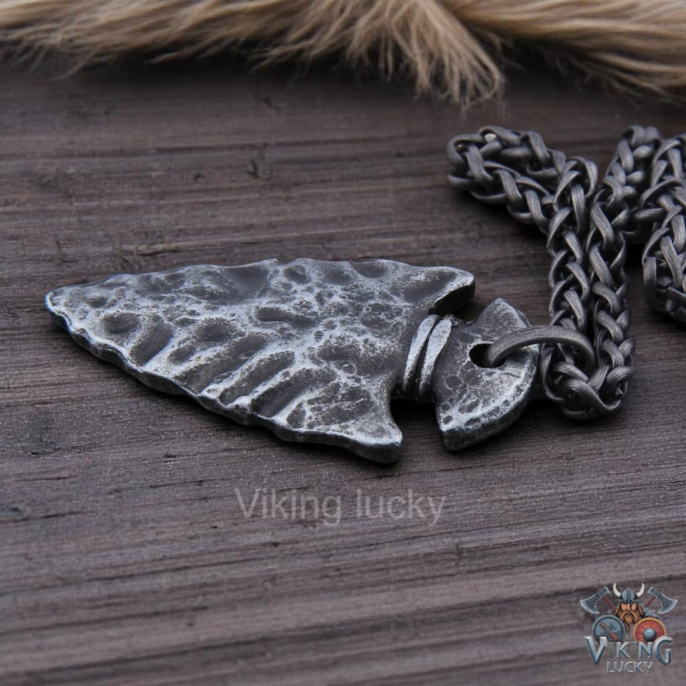 Viking spearhead necklace with Helm of Awe Norse rune pendant on stainless steel chain