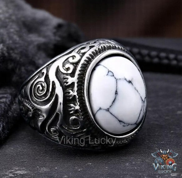 White Marble Viking Ring – Norse Armor Ring for Men