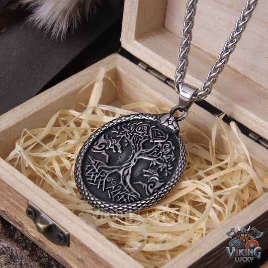Yggdrasil Tree of Life Viking Pendant surrounded by Ouroboros serpent on stainless steel chain in wooden box
