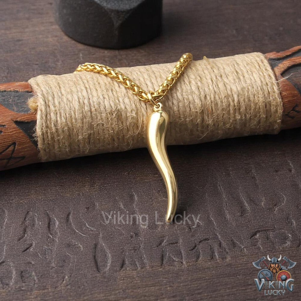 Norse gold-horn pendant necklace lucky viking amulet for women with wooden detail view