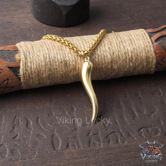 Norse gold-horn pendant necklace lucky viking amulet for women with wooden detail view