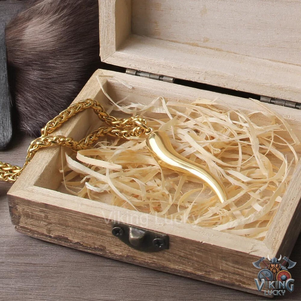 Norse gold-horn pendant necklace lucky viking amulet for women with wooden gift box Viking Lucky